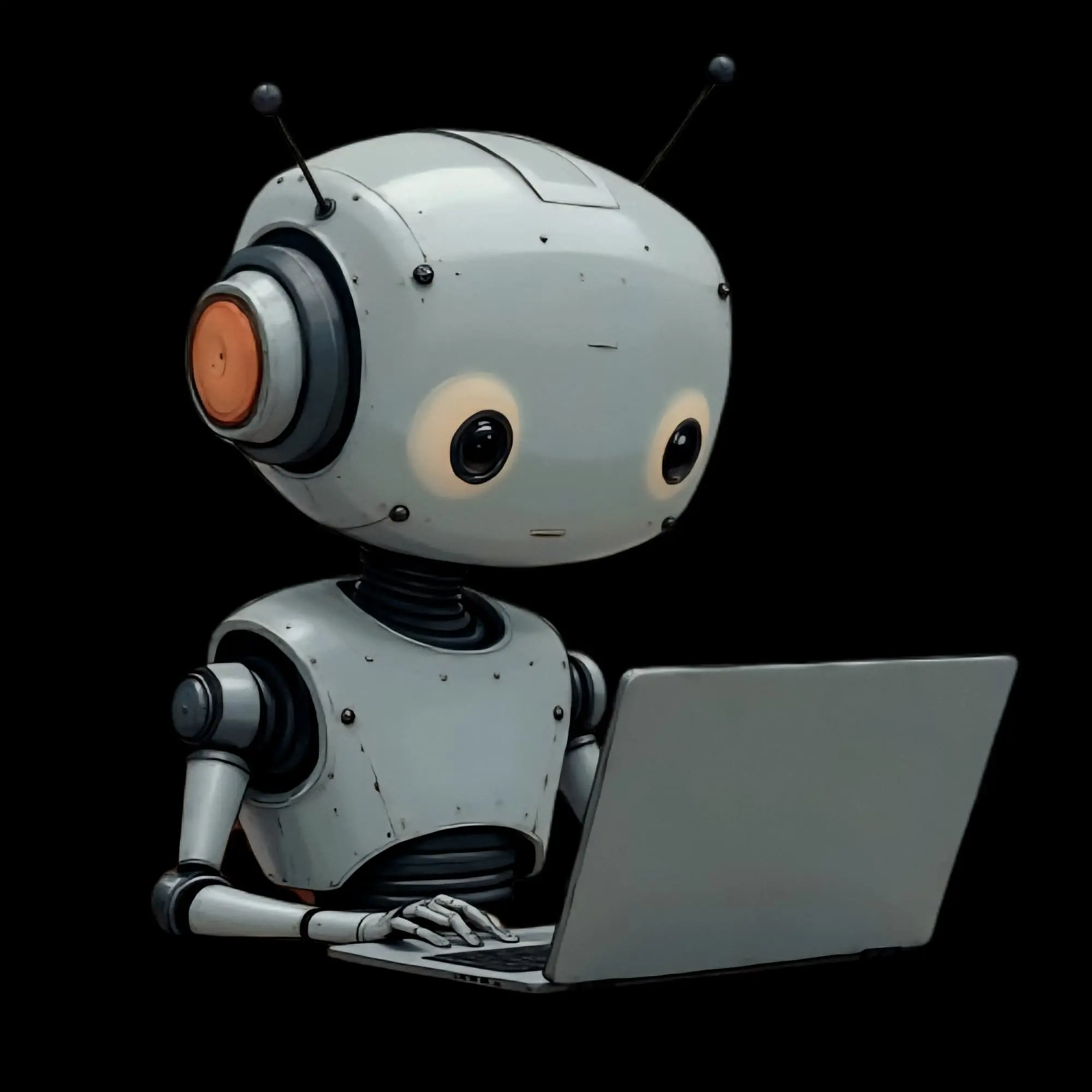 Retro-style gray robot sitting at a table, focused on a muted gray laptop, illuminated by screen light, in a dark-themed background."