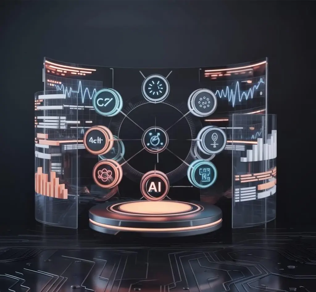 Create a visually captivating image that embodies the theme "Top 7 Digital Skills Every Student Should Learn in 2025" with a *Dark Tech + Neon Glow aesthetic. The image should feature